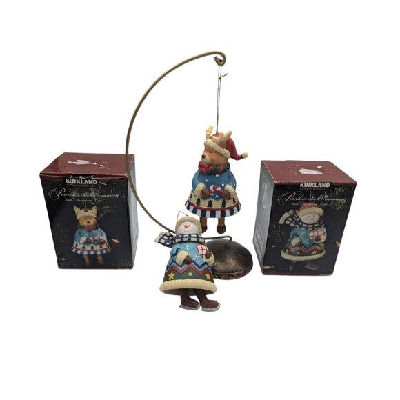 Kirklands Porcelain Hanging Bell Ornaments Reindeer, Snowman Dangling Legs - Picture 1 of 9